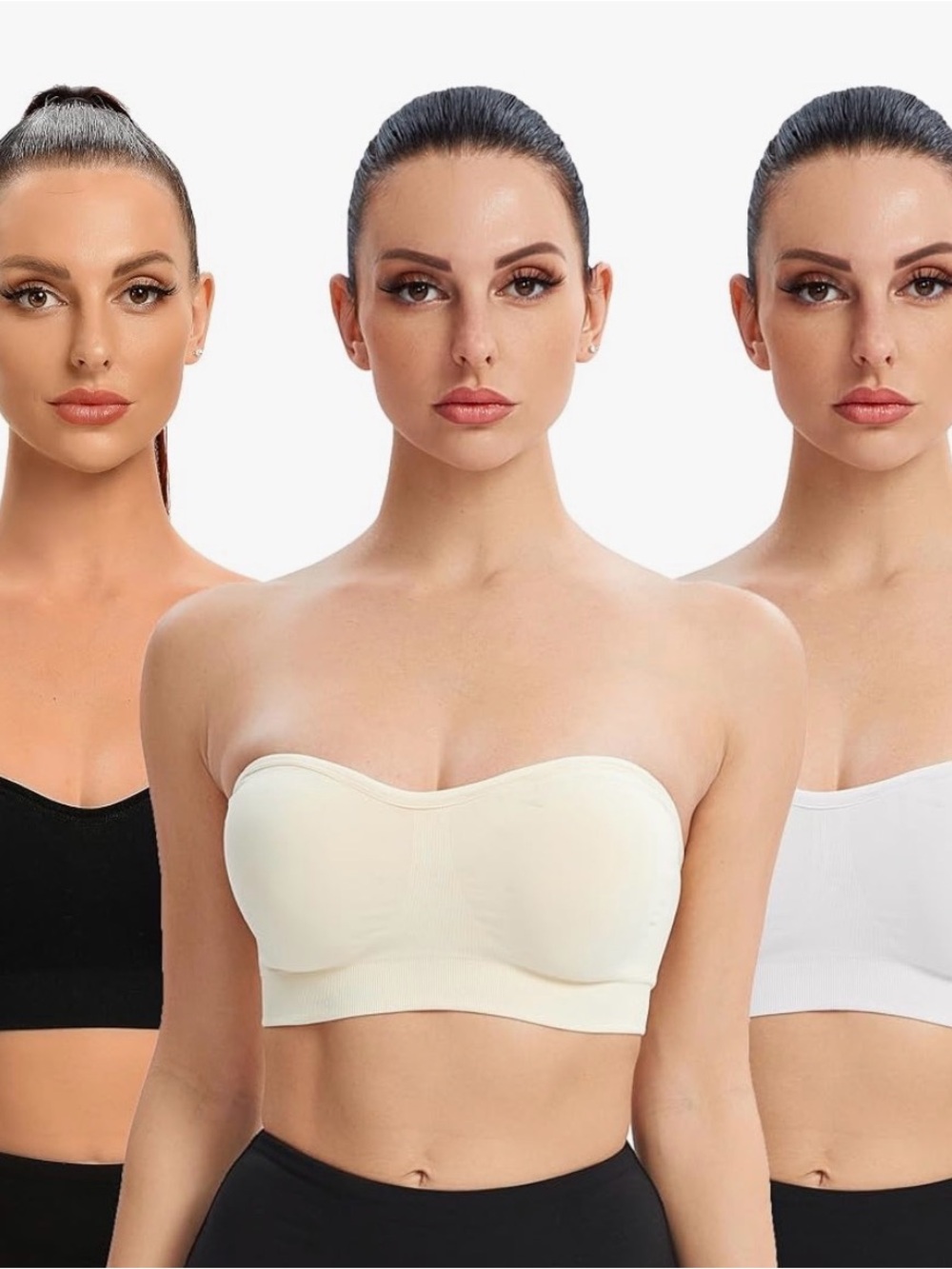 Gnowann Lot of 3 Bandeau Bras Seamless Wireless Black White Beige Large